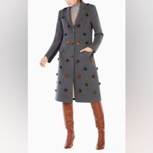 BCBGmaxazria Trench Coat Colorful Pom Pom Gray And Black Size XXS Stretch Pocket